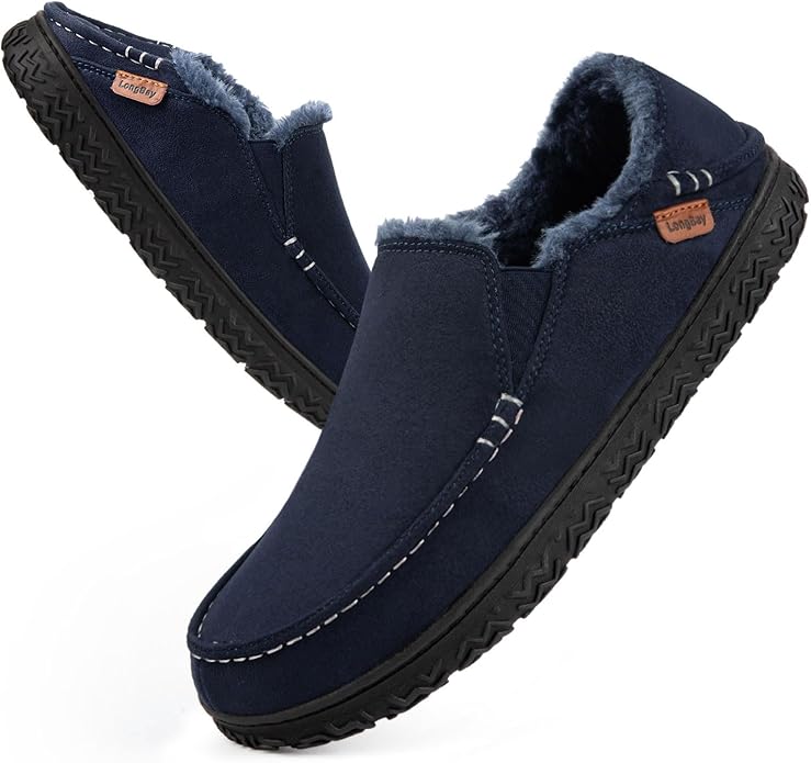 LongBay Men's Moccasin Slippers Comfy Warm Memory Foam House Shoes Winter for Indoor Outdoor