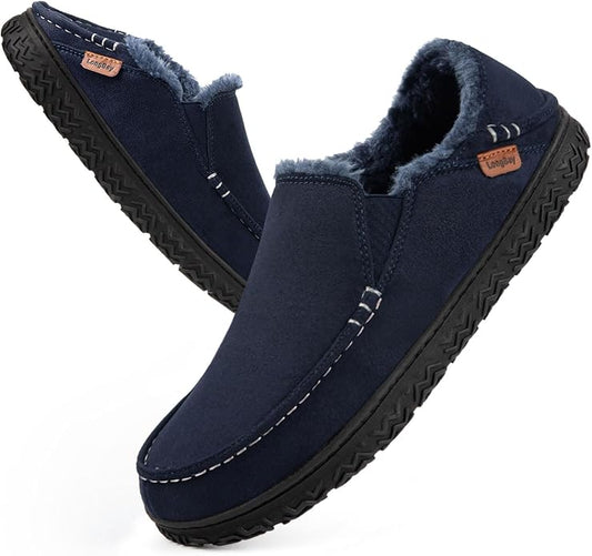 LongBay Men's Moccasin Slippers Comfy Warm Memory Foam House Shoes Winter for Indoor Outdoor