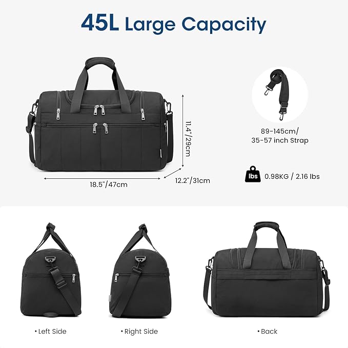 G4Free 45L Travel Duffle Bag for Women Men 3 in 1 Duffel Bags with Shoes Compartment Gym Backpack for Weekender Overnight, Black