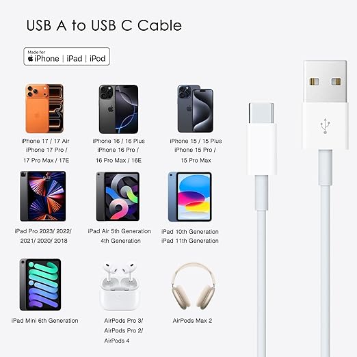 10ft USB A to USB C Cable, USB C CarPlay Cable Fast Charging for iPhone 17/16/16E/17E, Pro Max, 15 Plus, AirPods 4/AirPods Pro 2/3/Max 2,iPad 10th/11 Gen,iPad Pro 12.9/Air 5th/4th Long Charging Cord