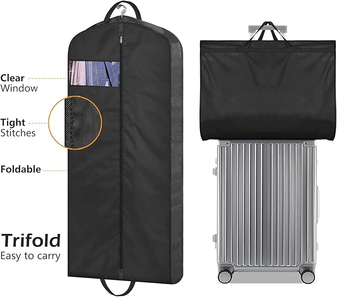 MISSLO 43" Mens Garment Bags for Travel Waterproof Suit Bags for Closet Storage Hanging Clothes Travel Bag for Shirts, Jackets, Coats, Black, 1 Pack