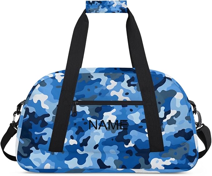 Custom Name Blue White Camouflage Boys Gym Travel Duffle Bag with Front Zipper Pocket Personalized Sports Bag for Overnight, Weekender, Carry On, 18.9 * 8.7 * 10.6 in