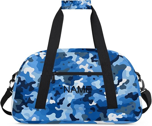 Custom Name Blue White Camouflage Boys Gym Travel Duffle Bag with Front Zipper Pocket Personalized Sports Bag for Overnight, Weekender, Carry On, 18.9 * 8.7 * 10.6 in