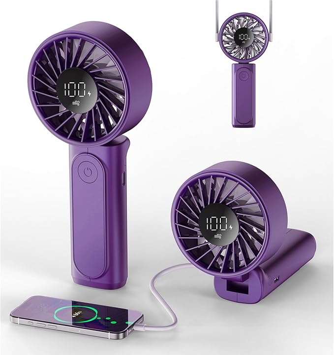 Portable Handheld Fan, 4000mAh, USB Rechargeable 180° Foldable Mini Desk Fan, 6 Wind Speed, LCD Digital Display, Lanyard as Neck Fan, Ultra Quiet, Pocket Size for Indoor Outdoor