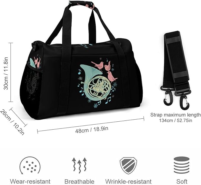 French Horn Music Bird Duffle Bag Gym Bag for Workout Travel Tote with Detachable Straps