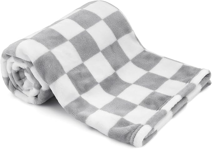 Plush Checkered Baby Blanket for Boys Girls Nursery, 30"*40" Warm Short Fleece Blanket Neutral for Infant Newborn, Small Fuzzy for Sleeping, Chenille or Stroller (Gray&White)