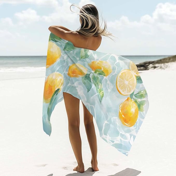 Watercolor Lemon Beach Towel 35" x 71" Summer Fruit Water Waves Lake Quick Dry Sand Free Pool Towels Soft & Absorbent Compact Towels Beach Accessories for Travel Bathroom Swimming Pool