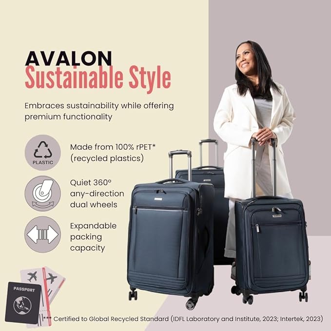 Ricardo Beverly Hills Avalon Softside Medium Check-In Luggage Made with Sustainable 100% Recycled PET (rPET), Lightweight, Eco-Friendly Travel, Expandable, Dual Spinner Wheels, Storm Blue, 24-inch