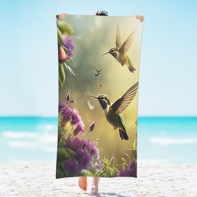 Hummingbird Flower Beach Towel, Large Microfiber Quick Dry Lightweight Pool Bath Towels Sand Free Beach Blanket for Summer Cruise Yoga Camping Travel Vacation Essentials 31 x 61 in