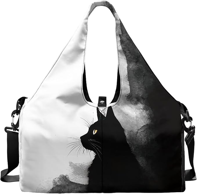 Black Cat Print Gym Bag with Shoe Compartment Large Capacity Duffle Bags Portable Lightweight Gym Bag with Wet Pocket Water Resistant Yoga Mat Holder Duffel Bags Swimming Yoga Workout
