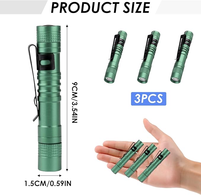 Mini Flashlight, AAA Small Pen Light with Clip, Portable 500lm Pocket Pen Flashlight for Inspection Repair Outdoor Emergency (3 Pack, Green, 3.5")