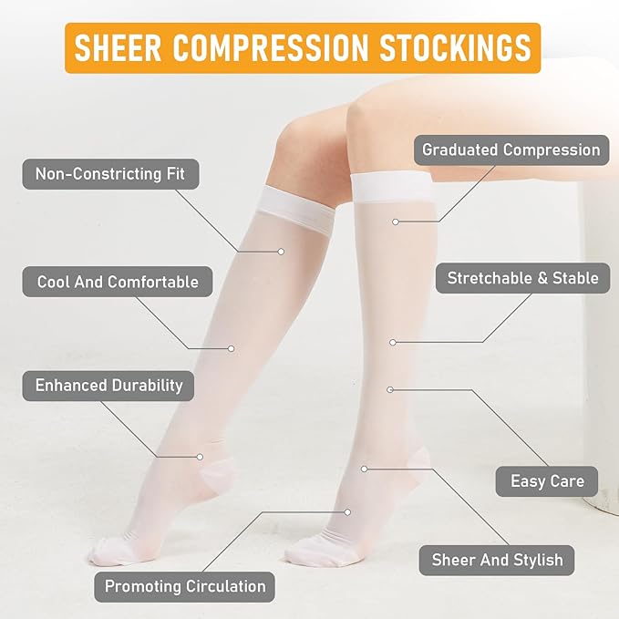 2 Pairs Sheer Compression Socks for Women - 15-20 mmHg Knee High Sheer Compression Stockings for Support Circulation Swelling Edema Work Office Travel, White, Medium