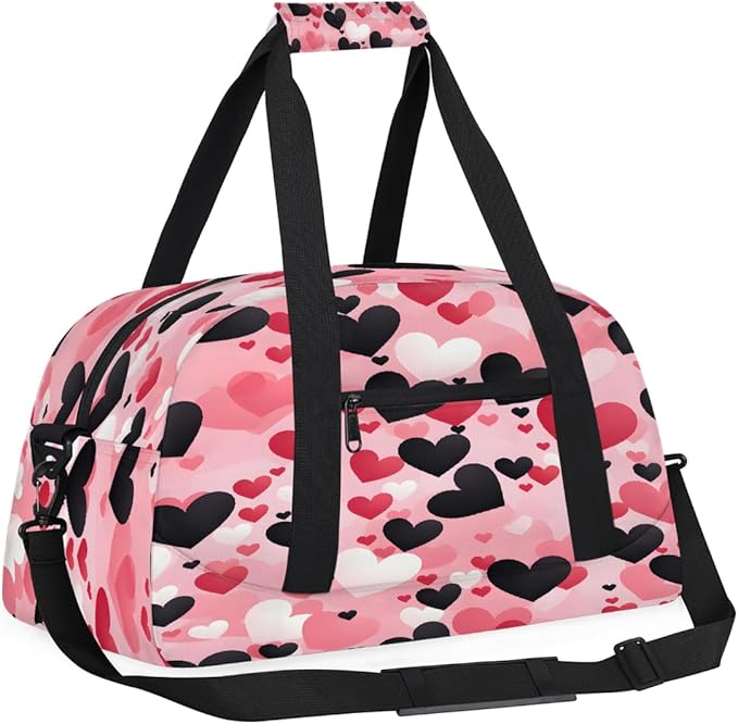 Travel Duffle Bag, Pink Black Heart Waterproof Weekender Overnight Bags for Women Men Lightweight Carry on Duffle Gym Bag for Travel, Sports, Fitness, Workout