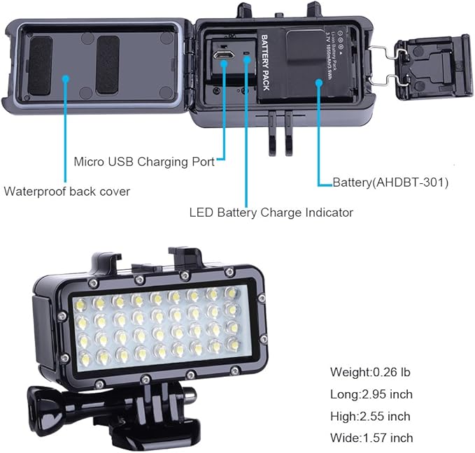 Suptig Diving Light High Power Dimmable Waterproof LED Video Light Fill Night Light Diving Underwater Light Waterproof 147ft for Gopro Hero 13/Hero 12/11/10/9/8/7/6/5/5S/4/3+ More Action Cam