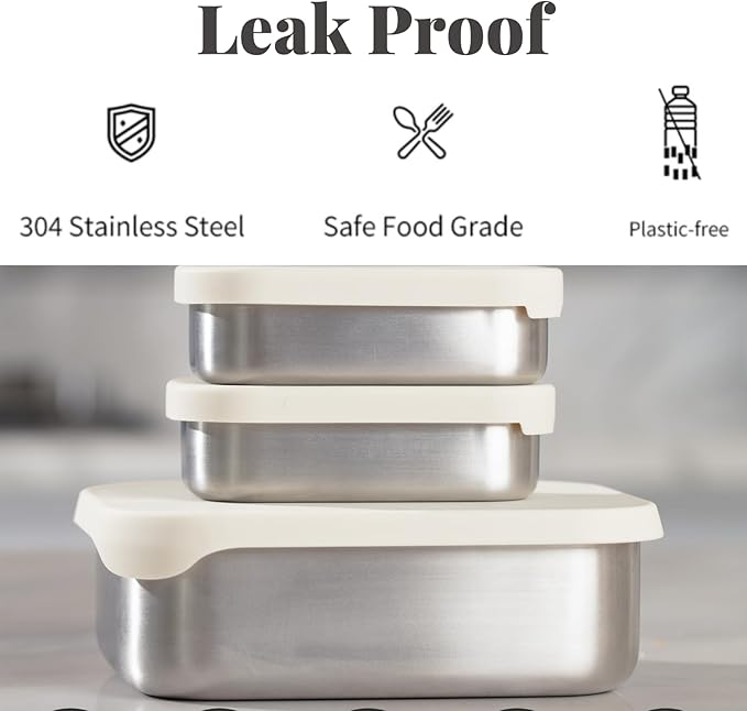 Leak Proof Stainless Steel Lunch Box Containers, Stainless Steel Bento Box, Metal Lunch Box, Sandwich and Snack Containers, SIlicone Lids, Korean Style,Small Vanilla (1 x 27oz + 2 x 6.5 OZ)