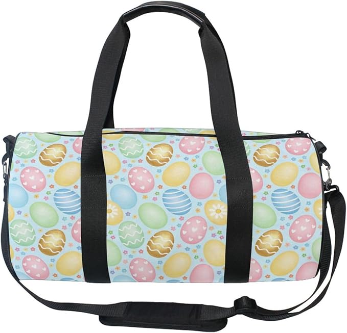 Sports Duffel Bag Easter Eggs Gym Bags for Women Men Round Travel Weekender Overnight Duffel Bag Light Blue