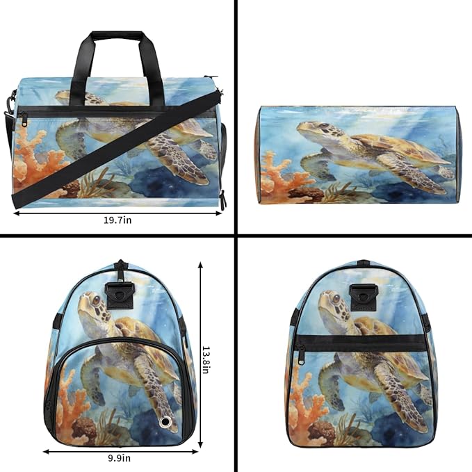 Ocean Turtle Design Sports Gym Bag with Wet Pocket & Shoes Compartment Waterproof Workout Duffel Bag for Women and Men Weekender Overnight Duffle Bag Travel Carry-on Tote