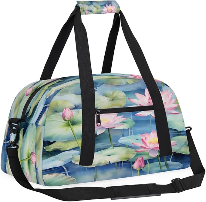 Duffle Bag for Women Men, Pink Lotus Blue Pond Gym Bag for Travel Sports, Lightweight Waterproof Weekender Overnight Bags with Adjustable Strap