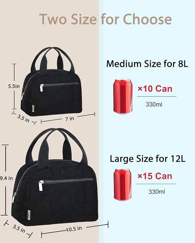 Cute Lunch Box Tote Bag - Corduroy Insulated Cooler Bags for Women - Lightweight Reusable Portable Soft Lunch Pail Kit for Kids Teen Girl Adults Work School Picnic Travel Black 12L