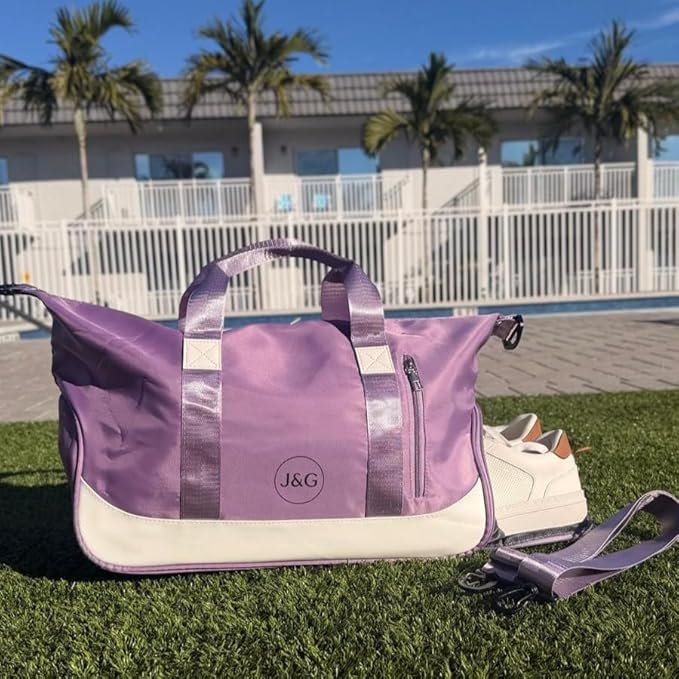J&G Waterproof Gym Duffel Bag – Lightweight Travel & Sports Bag with Shoe Compartment and Wet Pocket for Men & Women – Carry-On Weekender for Gym, Beach, Trips – 8 Colors (Light Purple)