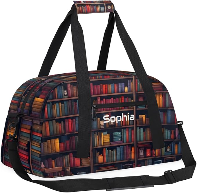 Custom Name Boys Girls Gym Travel Duffle Bag with Front Zipper Pocket Personalized Sports Bag for Overnight, Weekender, Carry On,Workout & Dance, 18.9 * 8.7 * 10.6 in,Book