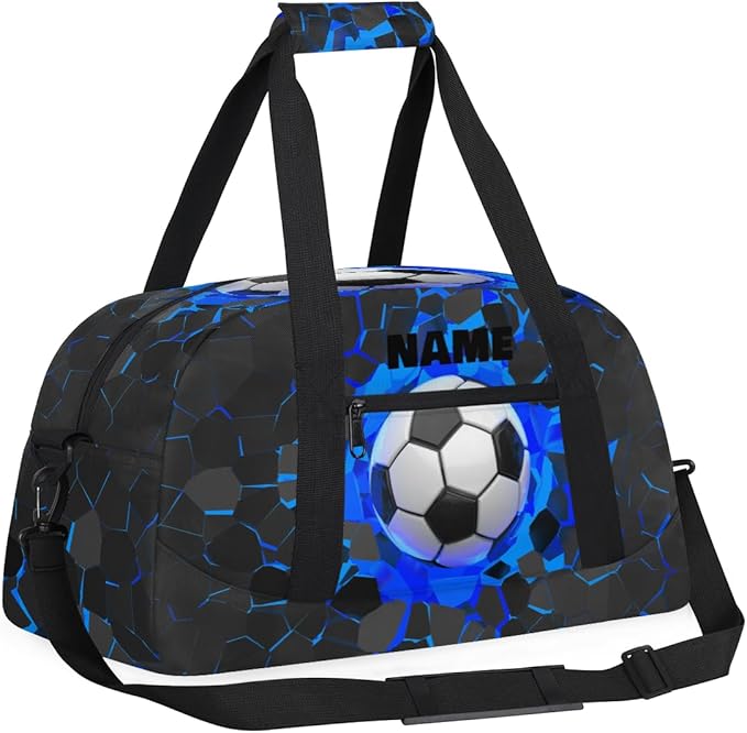 Personalized Name Sports Bag for Kids Boys, Custom Gym Duffel Fitness Travel Weekender Tote Carry-On Training Perform Bag, Soccer Black Blue