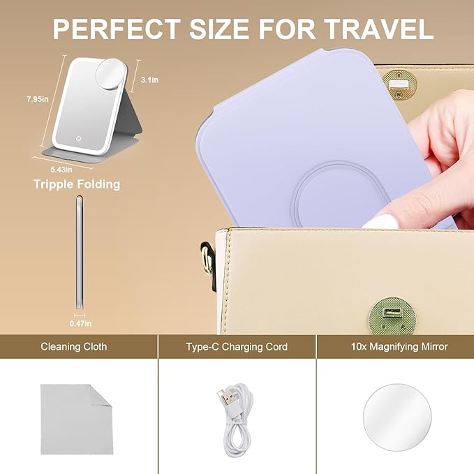 Mocado Travel Makeup Mirro with Lights, 360° Rotation Lighted Makeup Mirror, Portable Mirror with 10x Magnification, 60LEDs 3 Color Lightings, Dimmable Touch Screen, Tabletop Light up(Purple)