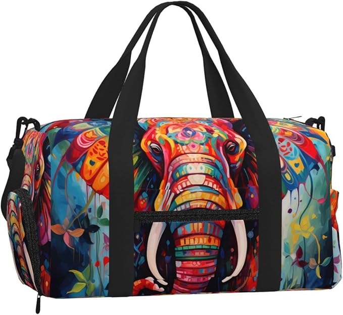 Sports Gym Bag Oil Painting Art Elephant Print Travel Duffel Bag With Shoe Compartment Shoulder Strap, Lightweight Water-Resistant Weekend Overnight Totes For Women Men