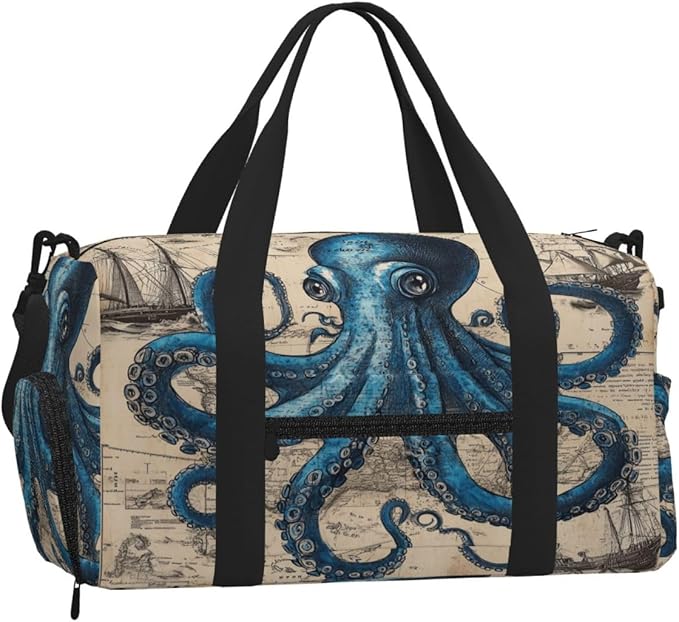Sports Gym Bag Blue Octopus Vintage Marine Ship Travel Duffel Bag With Shoe Compartment Shoulder Strap, Lightweight Water-Resistant Weekend Overnight Totes For Women Men