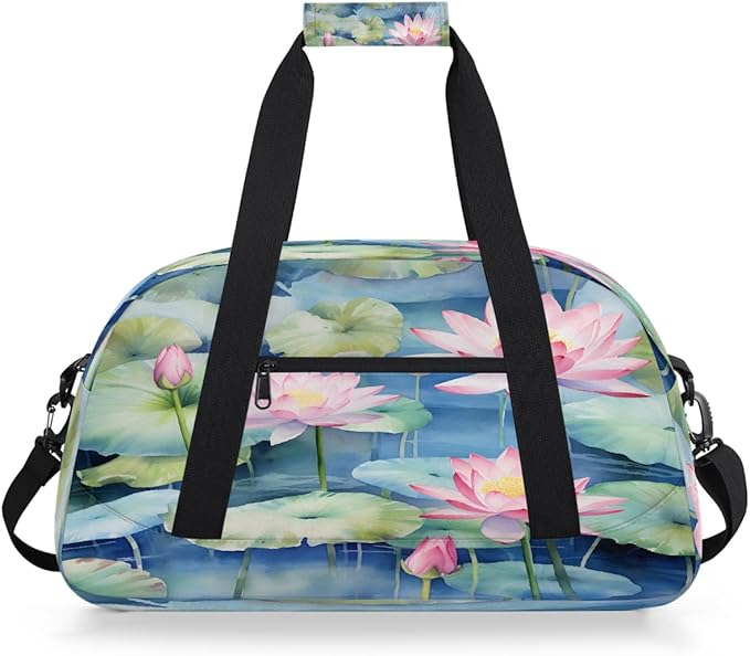 Duffle Bag for Women Men, Pink Lotus Blue Pond Gym Bag for Travel Sports, Lightweight Waterproof Weekender Overnight Bags with Adjustable Strap