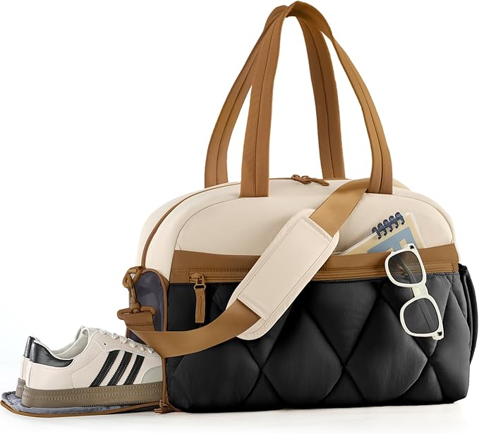 Gym Bag for Women, Puffer Travel Duffle Bag With Shoes Compartment & Wet Pocket, Carry On Tote Bag For Weekender, Overnight, Sport duffel bags for traveling (Beige & Brown, Medium)