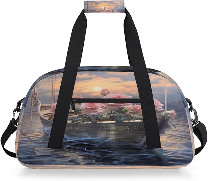 Gym Bag for Women Men, Pink Rose Boat Sunset Travel Duffle Bags for Dance Ballet Overnight, Carry-On Weekender Bag with Detachable Shoulder Strap
