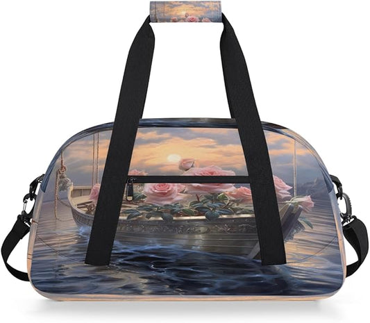 Gym Bag for Women Men, Pink Rose Boat Sunset Travel Duffle Bags for Dance Ballet Overnight, Carry-On Weekender Bag with Detachable Shoulder Strap