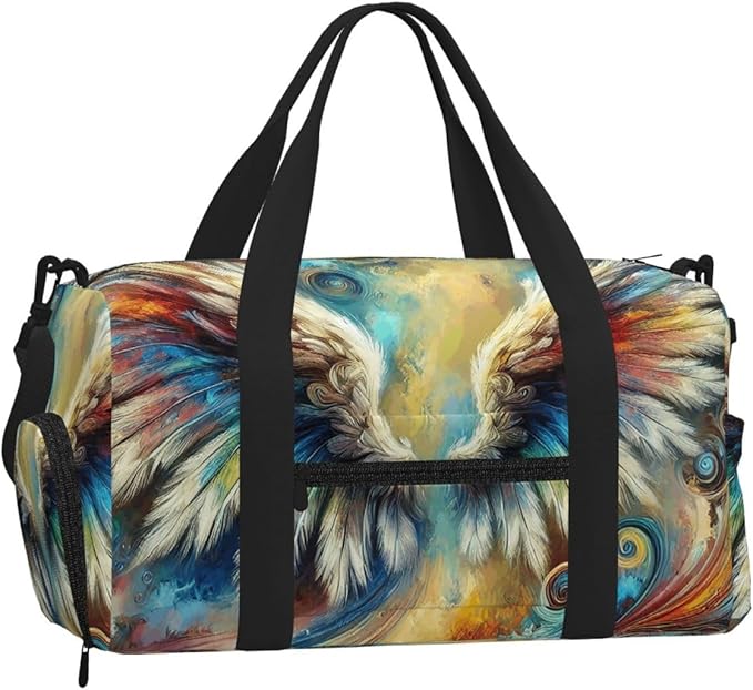 Abstract Angel Wings Print Gym Bag with Shoe Compartment for Women Men, 17.7in Sports Duffle Weekender Tote, Overnight Travel Duffel Bag Carry On