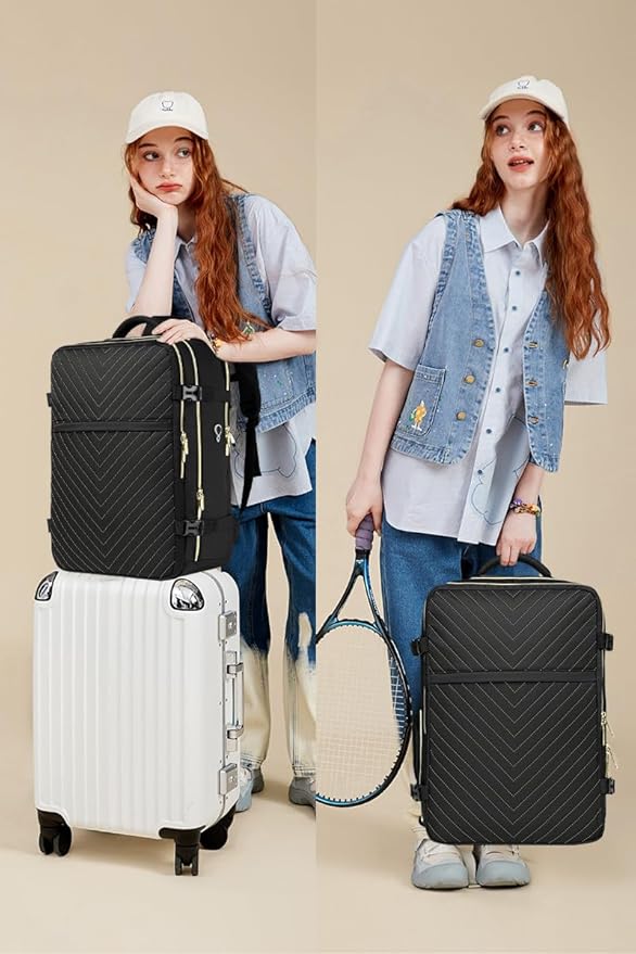 Large Carry On Travel Backpack - Flight Approved Waterproof Luggage Suitcase Backpacks Personal Item Size for Women Men Fit 17 Inch Laptop College Overnight Bag Anti-Theft Weekender Daypack Black Gold