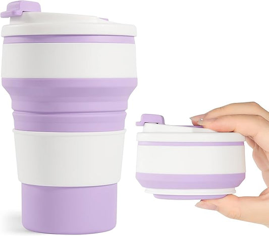 12oz Collapsible Cup for Traveling, Collapsible Silicone Travel Cup for Hot and Cold Drinks, Leak Proof Silicone Folding Travel Coffee Mug for Camping & Hiking, BPA Free Purple