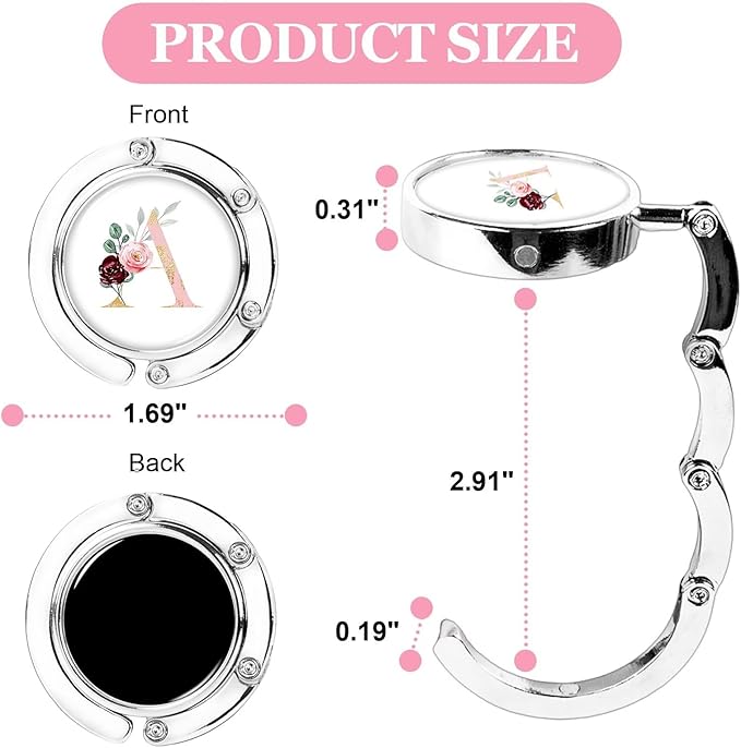 XSUIOY 3Pcs Personalized Initial Foldable Purse Hook for Table,Crushed Flower Letters Folding Purse Hanger,Purse Holder Handbag Hanger Collection Desk Table Bag Hooks Gifts for Women Bag(Pink-A)