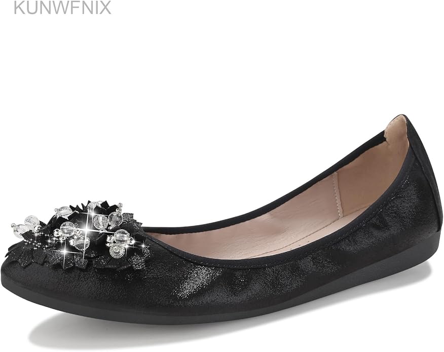 KUNWFNIX Women Ballet Flats Rhinestone Wedding Ballerina Shoes Foldable Sparkly Comfort Slip on Flat Shoes