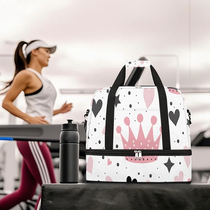 Pink Heart Star Crown Large Weekender Bag with Shoe Compartment Travel Duffel Bags for Women Carry On Hospital Overnight Bag Foldable Personal Item Travel Bags Tote Gym Sports Airplanes
