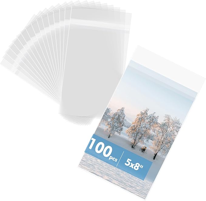 Mat Board Center 5x8 Inches Crystal Clear Sleeves Storage Bags, 100 Pack Self Sealing Cellophane Bags for 5x8 Prints, Photos, Cards
