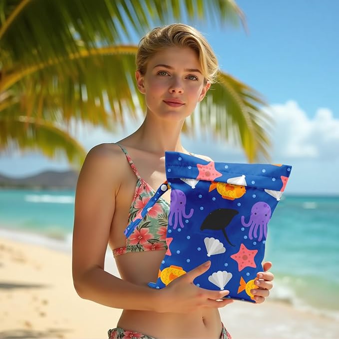 Wet Bag, Wet Dry Bag, Waterproof Swim Bags, Machine Washable Reusable Bags for Beach, Pool, Diapers, and Dirty Yoga Gym Clothes(Cute Under the Sea Pattern