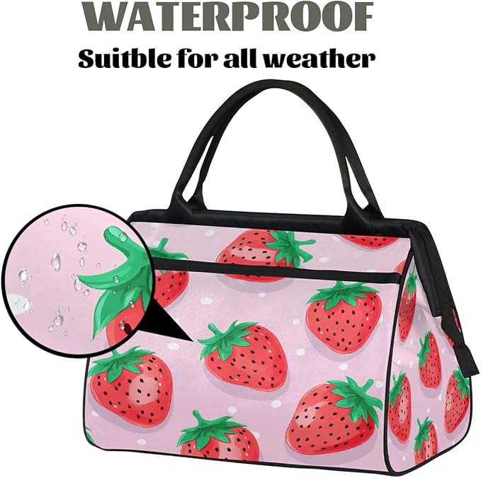 Travel Duffel Bag, Cute Strawberry Pattern Waterproof Sports Gym Duffle Bag, Large Capacity Weekender Carry On Overnight Bags for Women Men