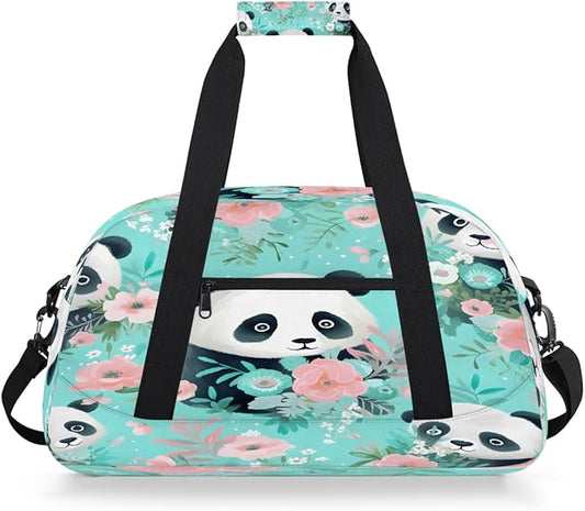 Sports Duffel Bags, Panda Flower Pattern Water-Resistant Gym Duffle Bag for Men Women, Lightweight Weekender Overnight Bag for Fitness, Workout, Travel