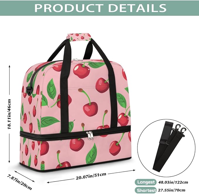Pink Fruit Cherry Large Weekender Bag with Shoe Compartment Travel Duffel Bags for Women Carry On Hospital Overnight Bag Foldable Personal Item Travel Bags Tote Gym Sports Airplanes