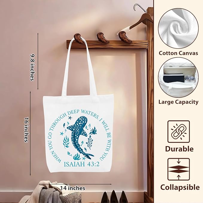Floral Beach Whale Shark Gifts Jellyfish Christian Canvas Tote Bag for Work Totes for Women Christmas Bible