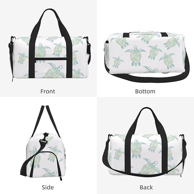 Sea Turtles Pattern White Green Nautical Women'S Gym Duffle Bag With Shoes Compartment, Ideal For Travel, Gym, Sports, Duffel, Weekender