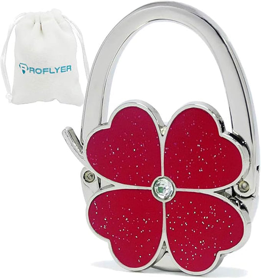 Four Leaf Clover Design Foldable Handbag Hanger Folding Purse Table Hook Holder (Red)