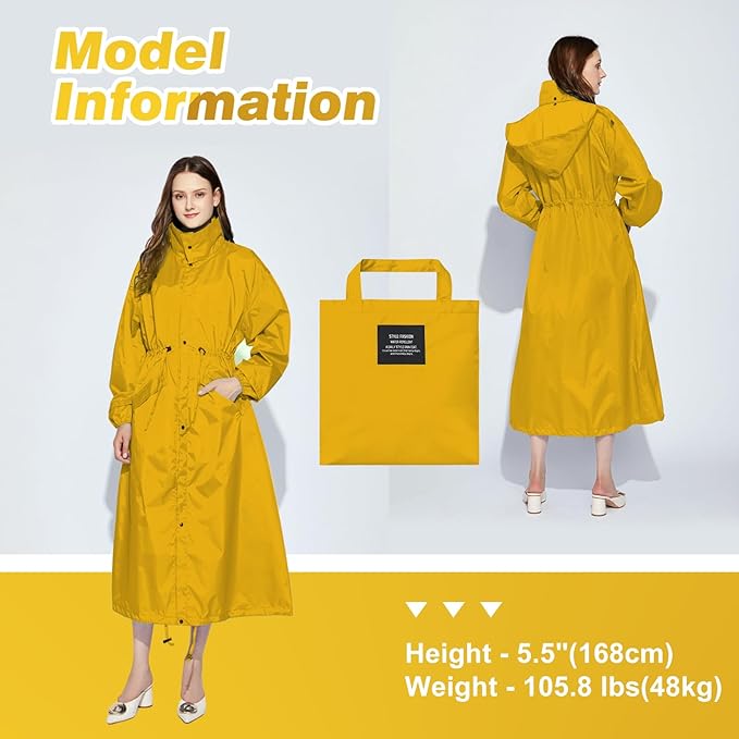 LAMA Womens Long Raincoats Rain Jacket Waterproof Packable Hooded Windbreaker Lightweight Adjustable Waist for Outdoor