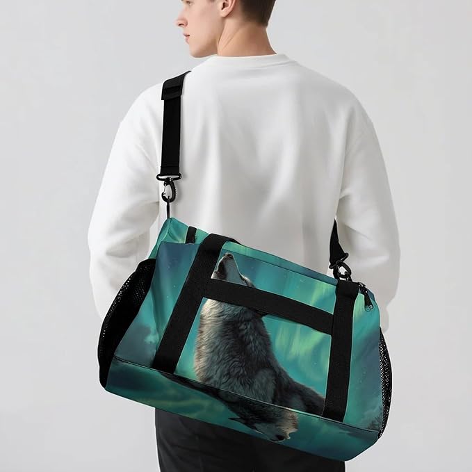Wolf Howling Moon Northern Lights Duffle Bag Gym Bag for Workout Travel Tote with Detachable Straps