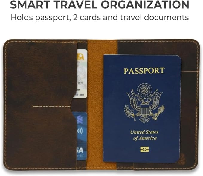 Rustique Leather Passport Holder Collection - Handmade Travel Wallet & Organizer - Full Grain Crazy Horse Leather Covers for Men & Women (Multiple Styles) (Document Organizer - Tobacco & Honey)